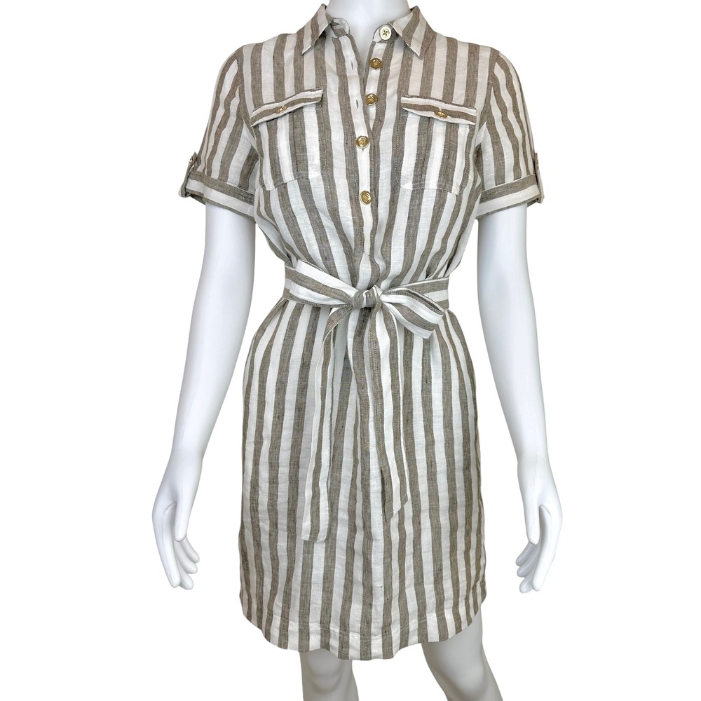 Talbots Linen Utility Shirt Dress Lawn Stripe Belted Khaki White Size 2P Petite - Picture 3 of 11